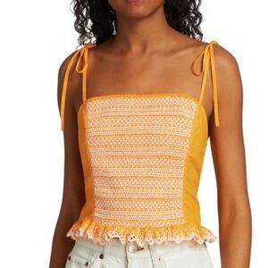 TANYA TAYLOR Randy Smocked Eyelet Top marigold orange yellow NWT